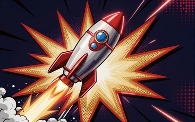 Crash Game Rakete mit Multiplikator-Graph im Pop-Art Comic-Stil