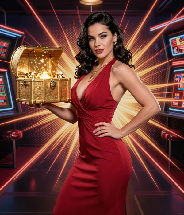 Glamour&ouml;se Pin-up Model Sofia in rotem Abendkleid h&auml;lt leuchtende Bonus-Schatzkiste im Beef Casino Pop-Art Stil